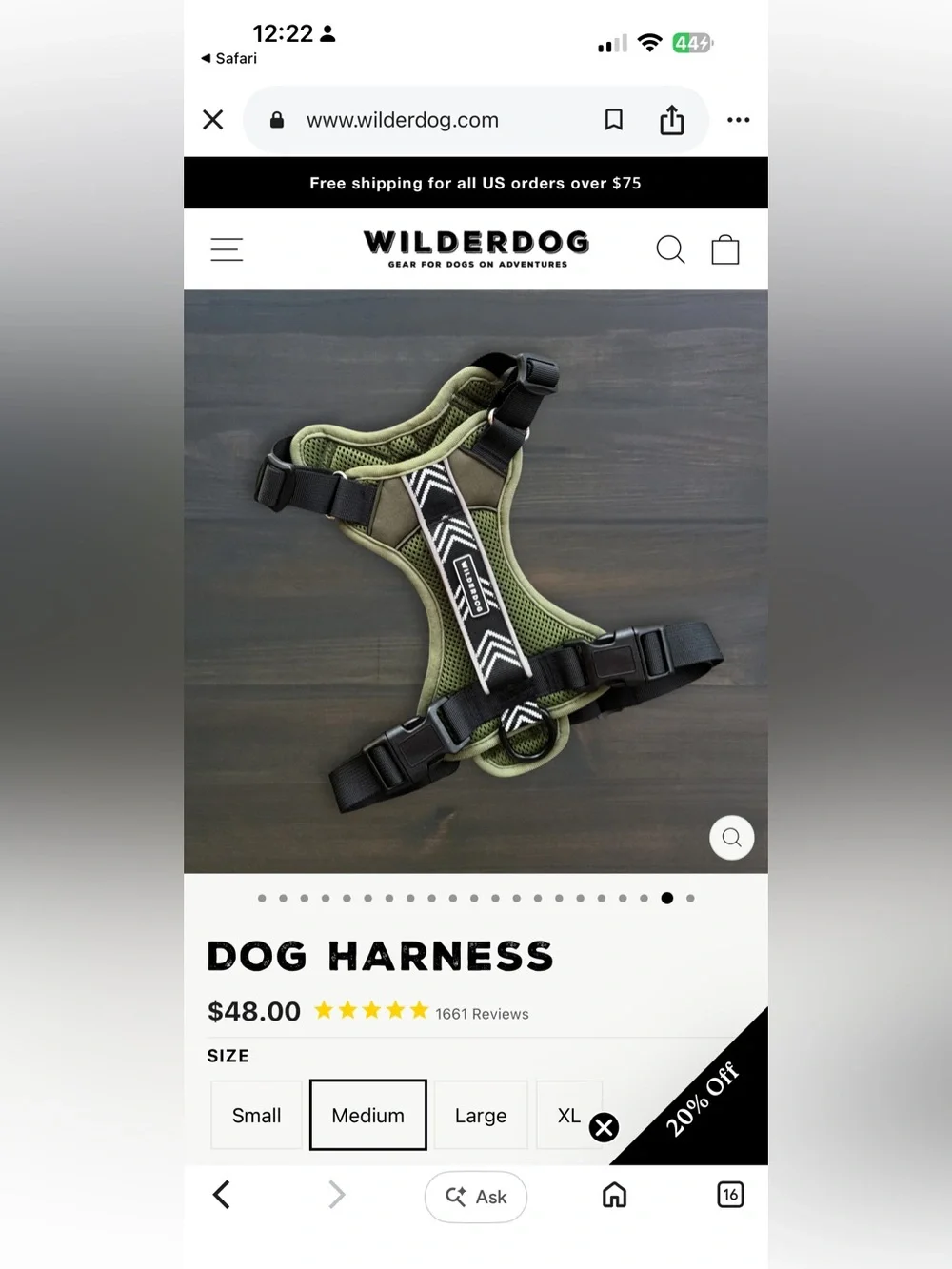 Wilderdog Olive Green Mesh Dog Harness Size M